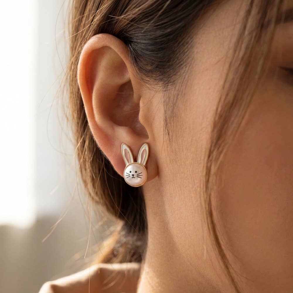 Accessories, Earrings - Pearl And Enamel Bunny Head Stud Earrings - WHT - Cultured Cloths Apparel