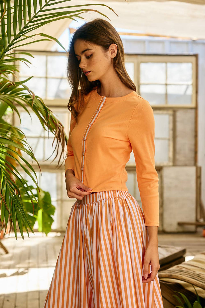 Contrast-Trim Button-Down Ribbed Top