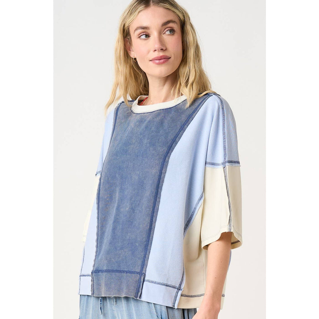 Women's Short Sleeve - MINERAL WASH COLOR BLOCK RELAXED FIT SHORT SLEEVE TOP - - Cultured Cloths Apparel