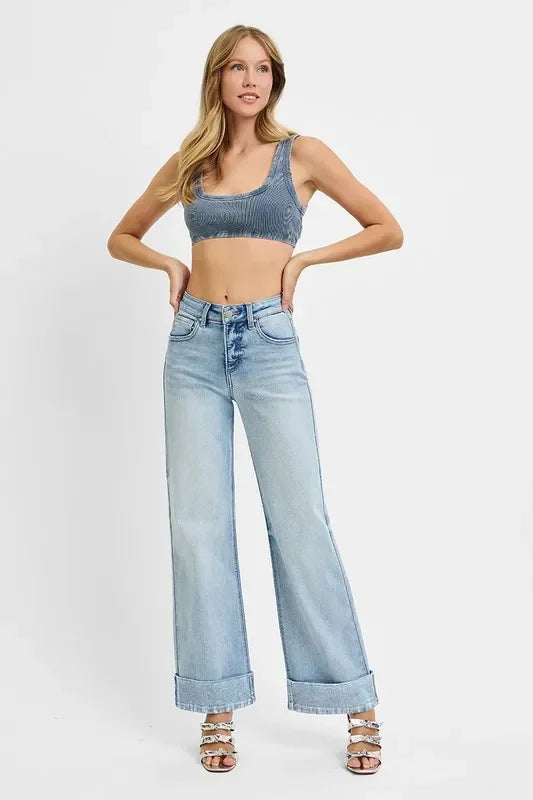 Denim - RISEN Full Size Tummy Control High Rise Ankle Wide Cuffed Jeans - - Cultured Cloths Apparel