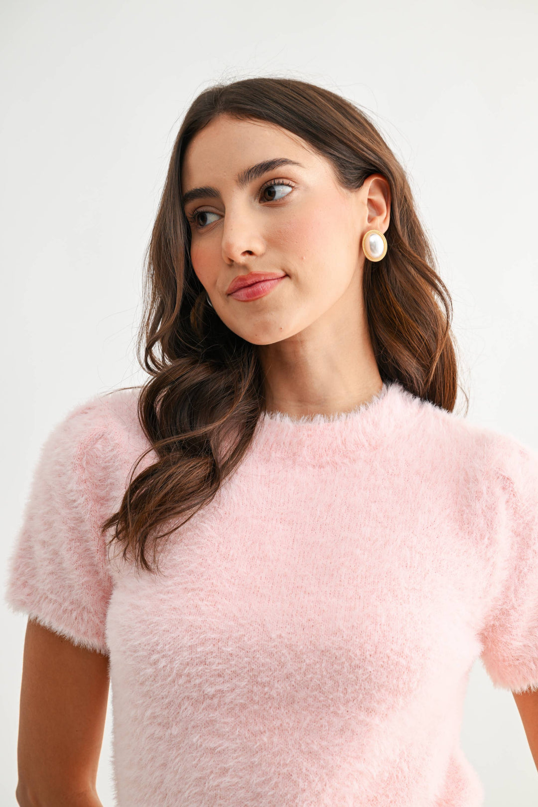 Women's Short Sleeve - Soft Pink Fuzzy Knit Short Sleeve Sweater Top - - Cultured Cloths Apparel