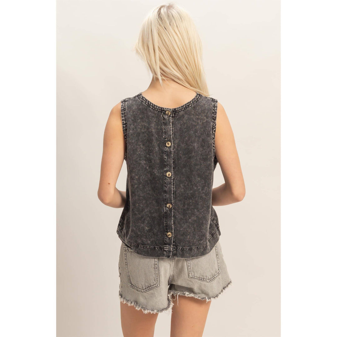 Women's Sleeveless - Pink Mineral Wash Button Back Sleeveless Top - - Cultured Cloths Apparel