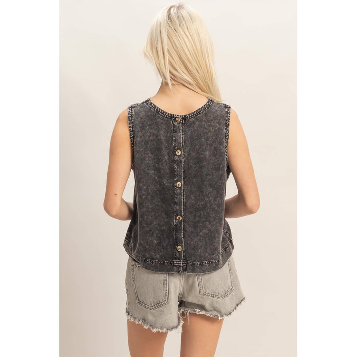 Women's Sleeveless - Pink Mineral Wash Button Back Sleeveless Top - - Cultured Cloths Apparel