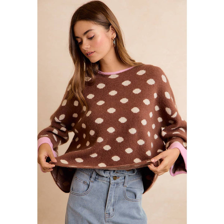 CONTRAST NECK AND ROLL UP DETAIL POLKA DOT SWEATER