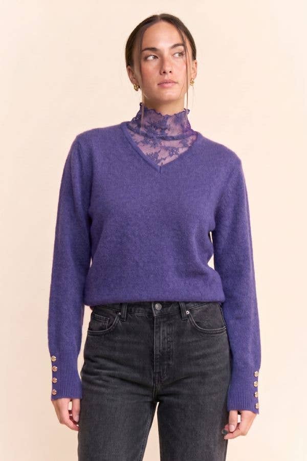 Lace High-Neck Layered V-Neck Sweater