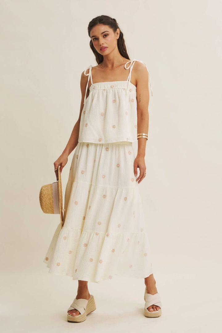 Women's Skirts - SUNSET FIELD EMBROIDERED COTTON GAUZE SMOCKED MIDI SKIRTS - - Cultured Cloths Apparel