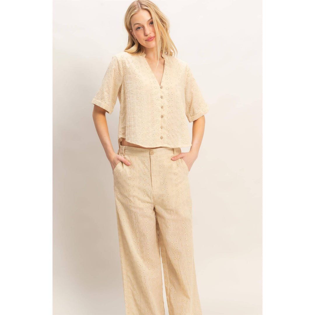 Olive Floral Eyelet Mandarin Collar Top