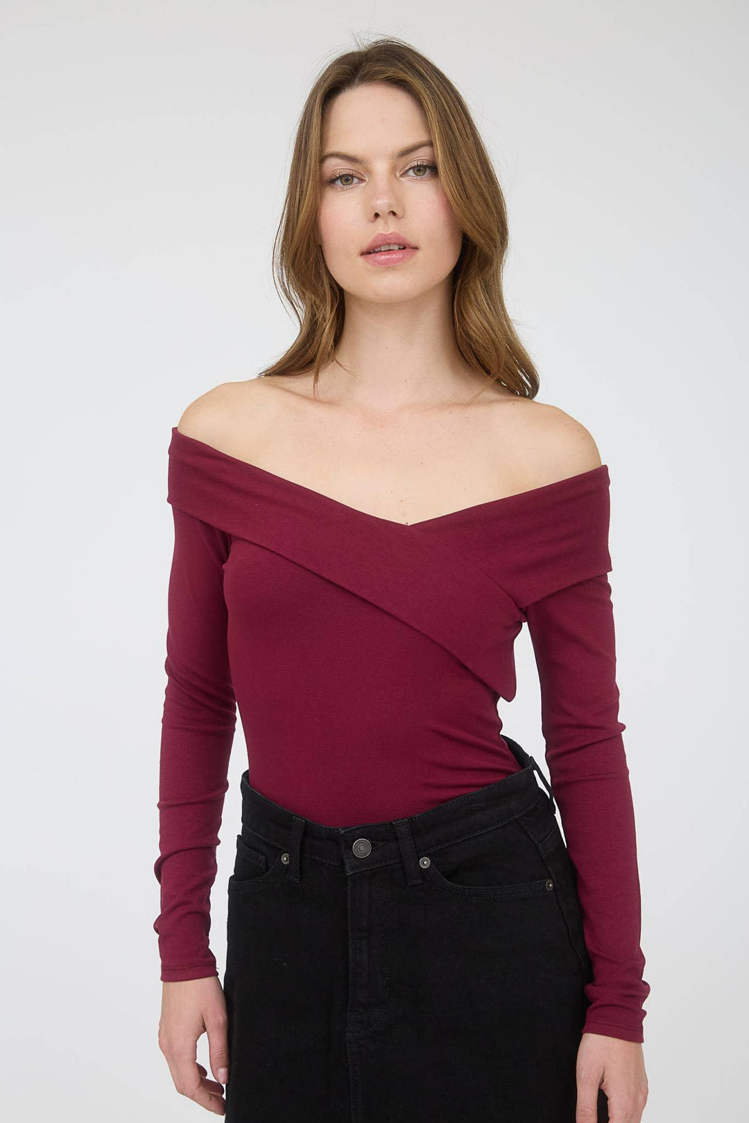 Women's Long Sleeve - OFF SHOULDER WRAP DETAIL LONG SLEEVE KNIT TOP - BURGUNDY - Cultured Cloths Apparel