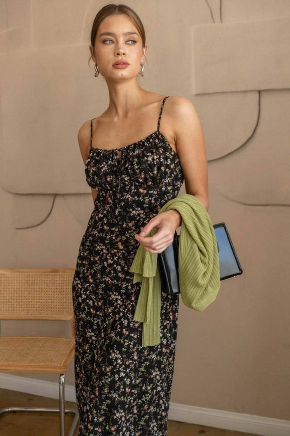 Women's Dresses - FLORAL RUSHED BUST FRONT TIE MIDI DRESS -  - Cultured Cloths Apparel