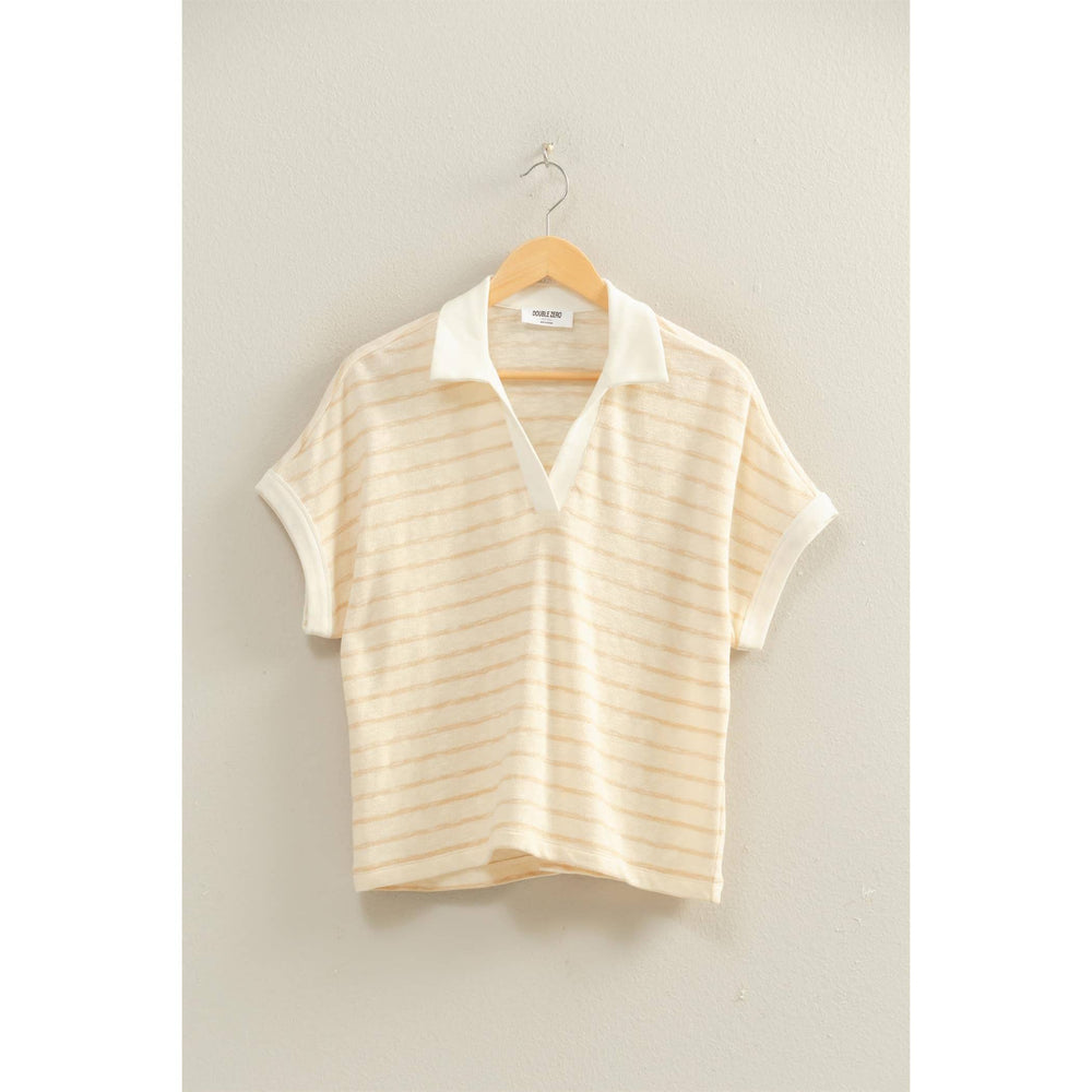 Women's Short Sleeve - Striped Dolman Sleeve V-Neck Collared Top - SMALL - Cultured Cloths Apparel