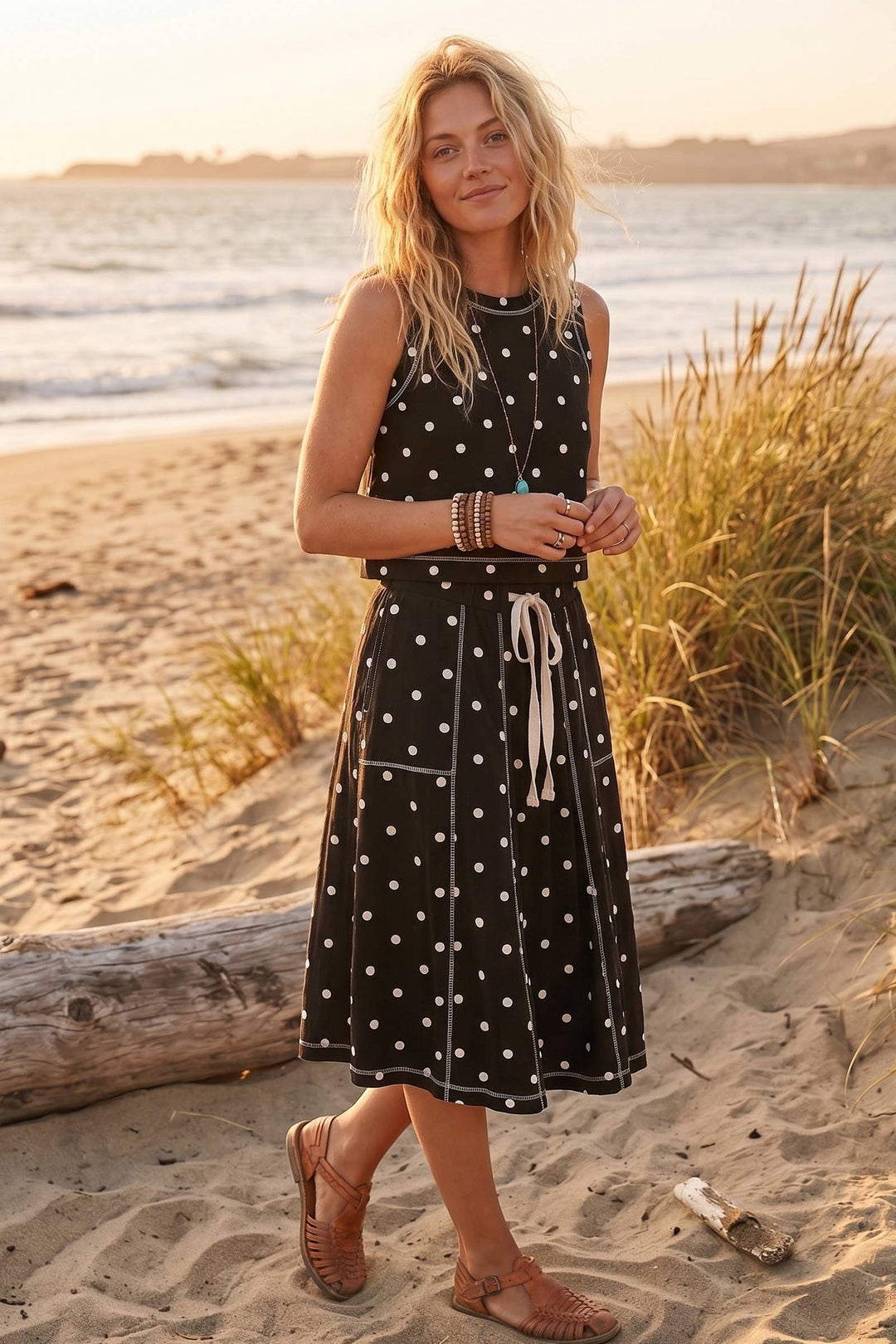 Retro Dot Tank & Midi Skirt Set