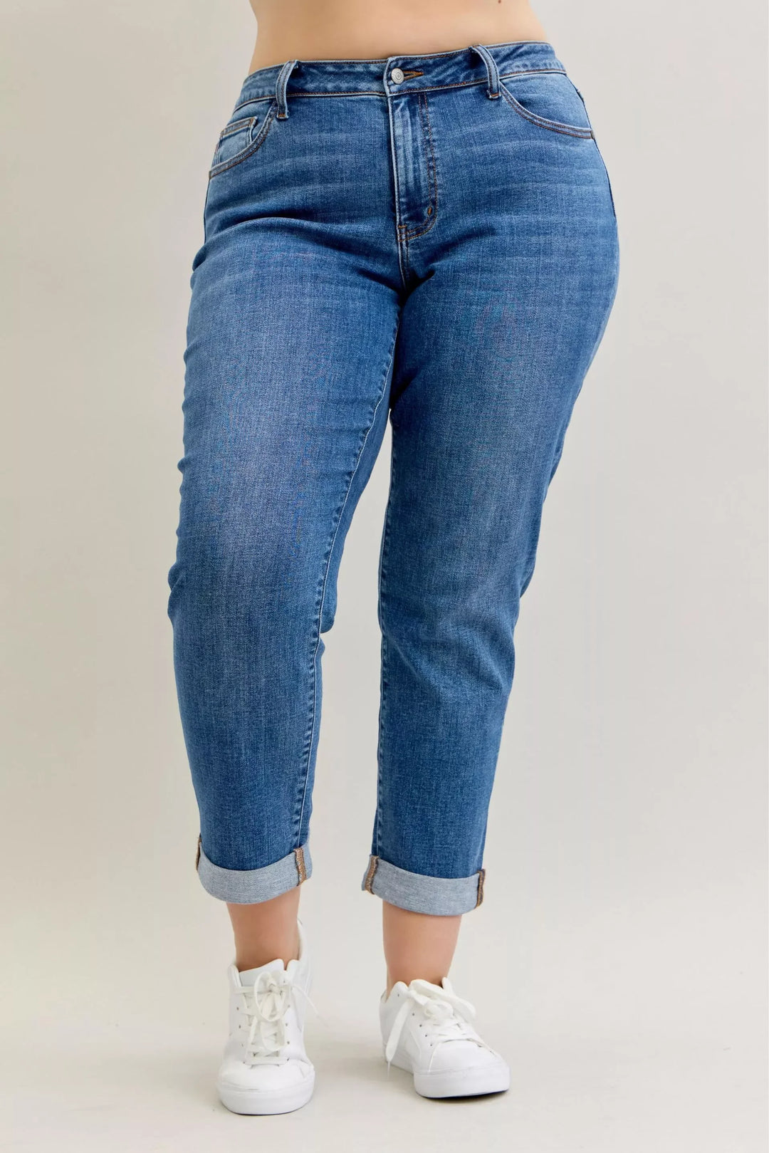 Denim - Judy Blue Full Size Mid Rise BF Classic Cuffed Jeans Plus Size - - Cultured Cloths Apparel