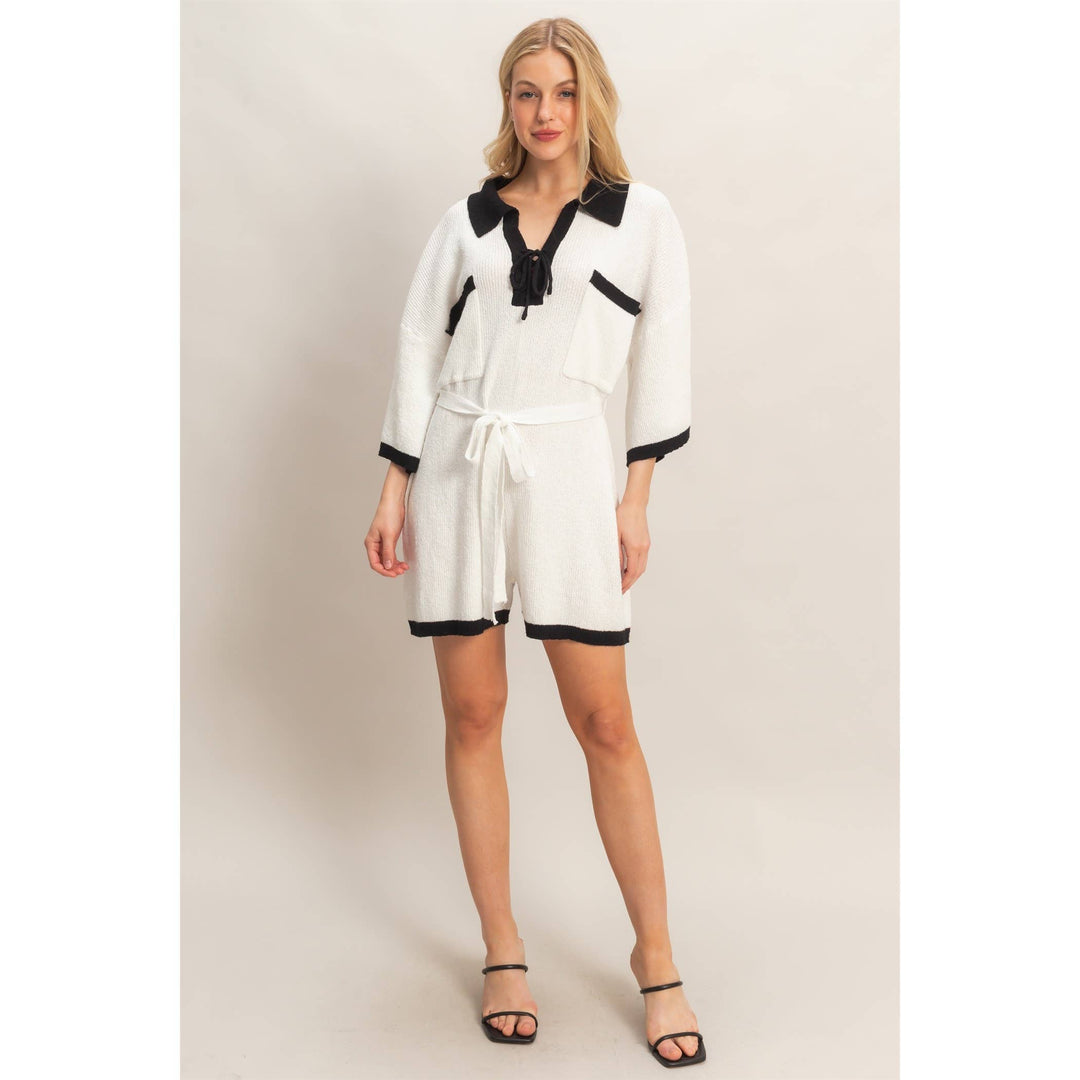 Women's Rompers - Knit Romper With Contrast Tie - - Cultured Cloths Apparel