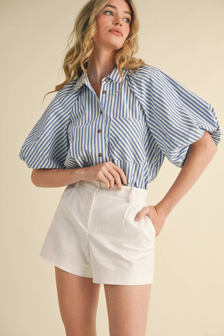 Women's Short Sleeve - STRIPED BUBBLE SLEEVE BUTTON DOWN TOP - - Cultured Cloths Apparel