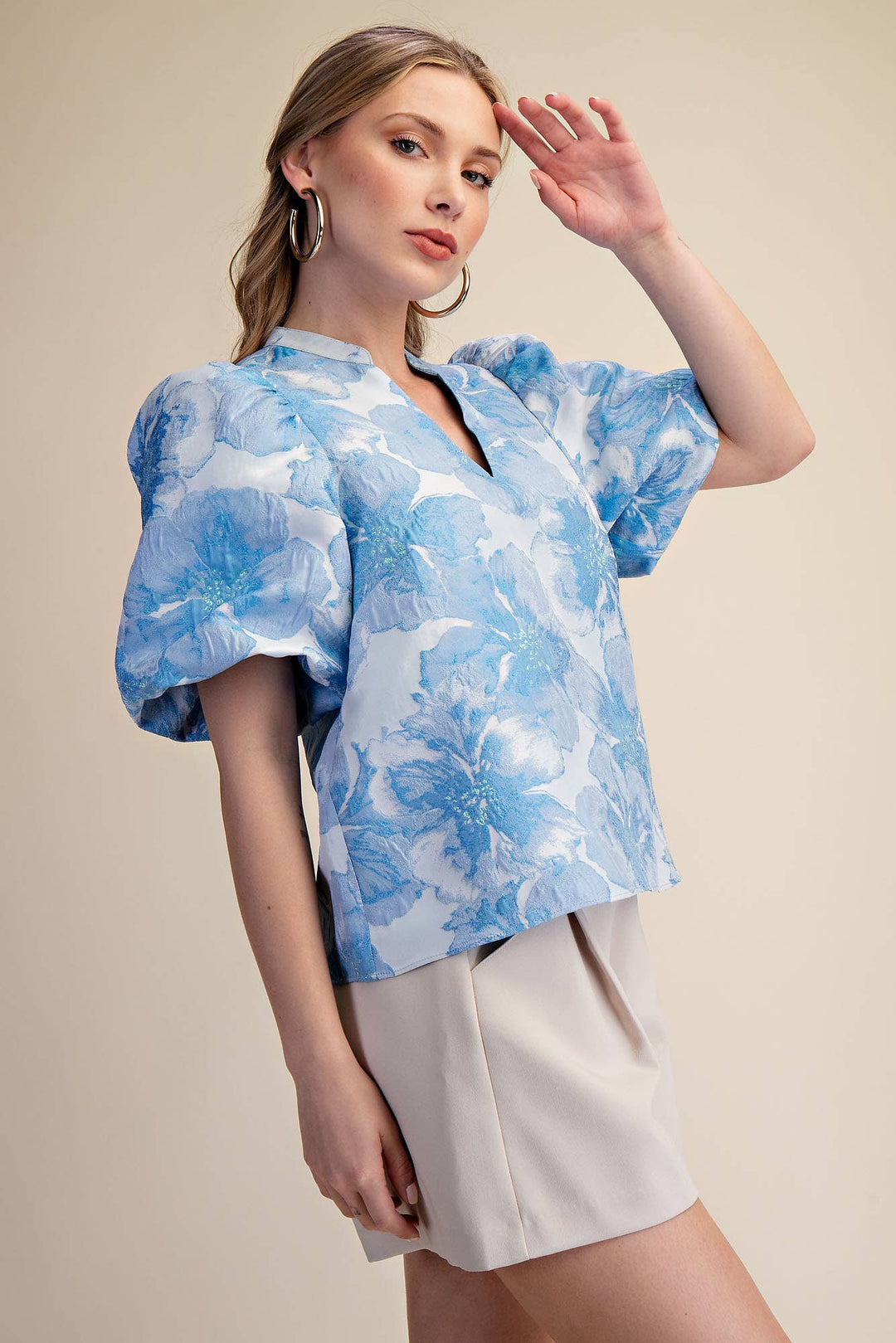 Women's Short Sleeve - V-Neck Puff Sleeve Jacquard Top - - Cultured Cloths Apparel