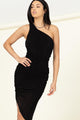 Women's Dresses - Slinky One Shoulder Ruched Asymmetric Hem Dress - BLACK - Cultured Cloths Apparel