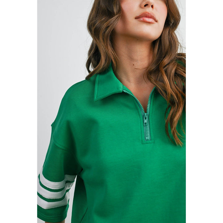 Women's Short Sleeve - Striped Sleeve Quarter-Zip Pullover - - Cultured Cloths Apparel