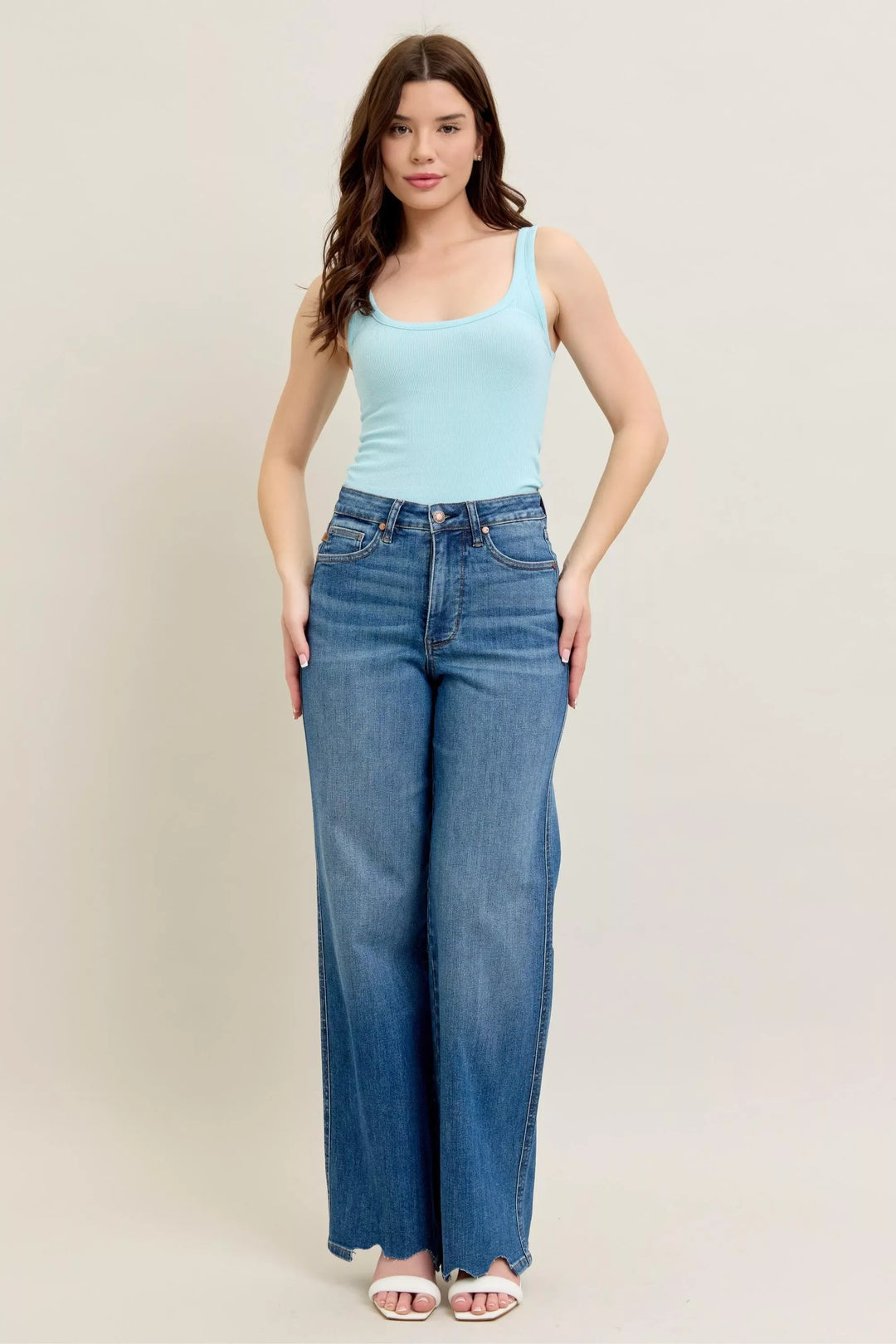 Denim - Judy Blue Full Size High Waist Tummy Control Chew Hem Destroy Wide Jeans Plus Size - - Cultured Cloths Apparel
