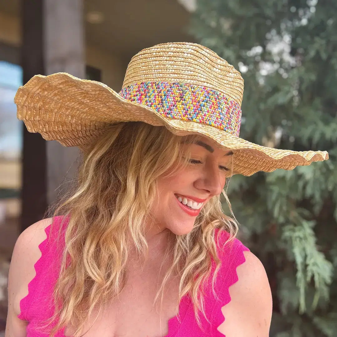 Accessories, Hats - Wide-Brimmed Raffia Hat - Colorful Band - Bekah - - Cultured Cloths Apparel