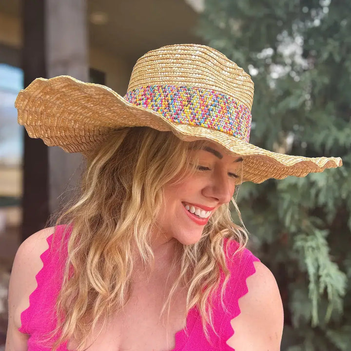 Accessories, Hats - Wide-Brimmed Raffia Hat - Colorful Band - Bekah - - Cultured Cloths Apparel