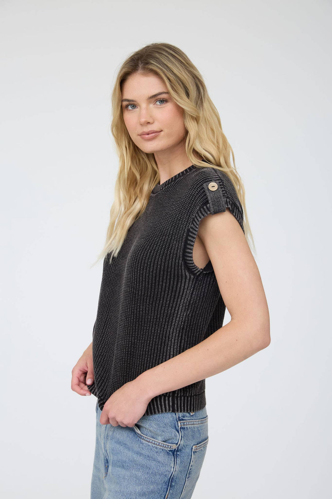 Women's Short Sleeve - ACID WASHED TAB SLEEVE BACK BUTTON KNIT TOP: CHARCOAL - - Cultured Cloths Apparel