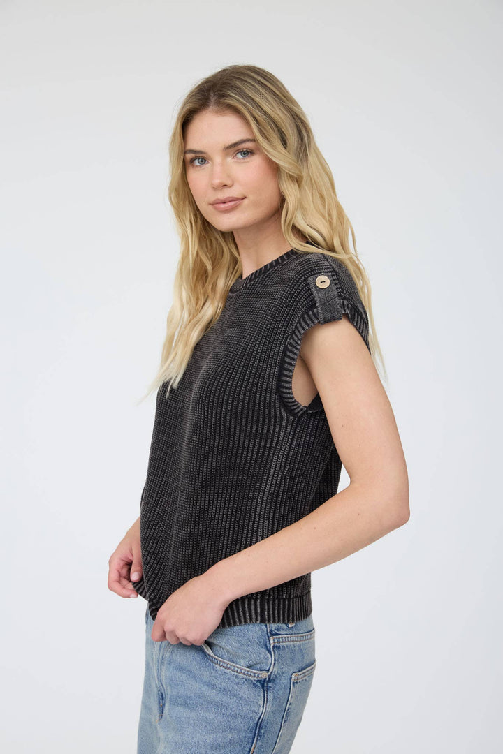 Women's Short Sleeve - ACID WASHED TAB SLEEVE BACK BUTTON KNIT TOP: CHARCOAL - - Cultured Cloths Apparel