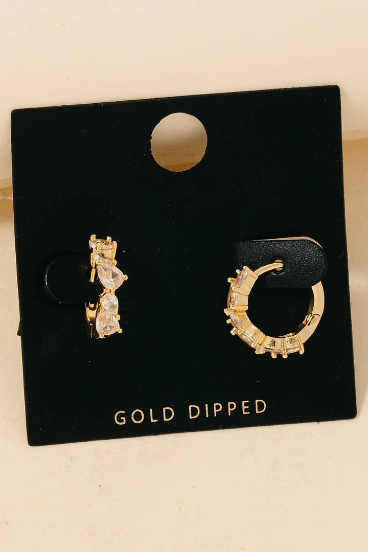 Accessories, Earrings - Gold Dipped Mixed Cz Shape Studs Hoop Earrings - GOLD - Cultured Cloths Apparel