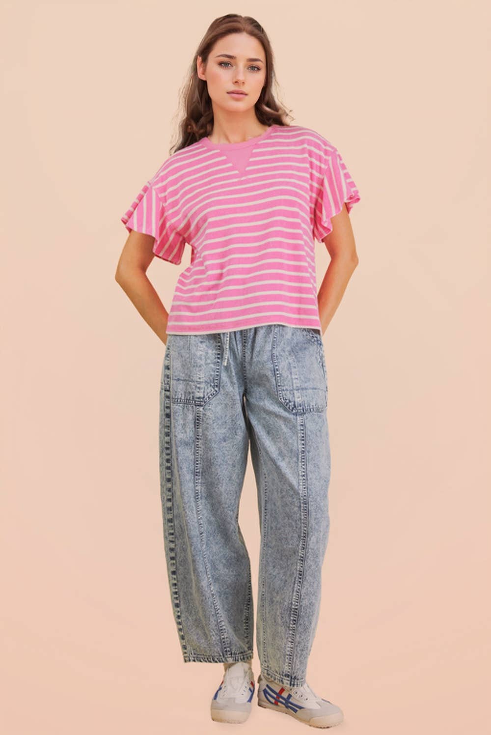 Oversized Ruffle Sleeve Casual Stripe Knit Top