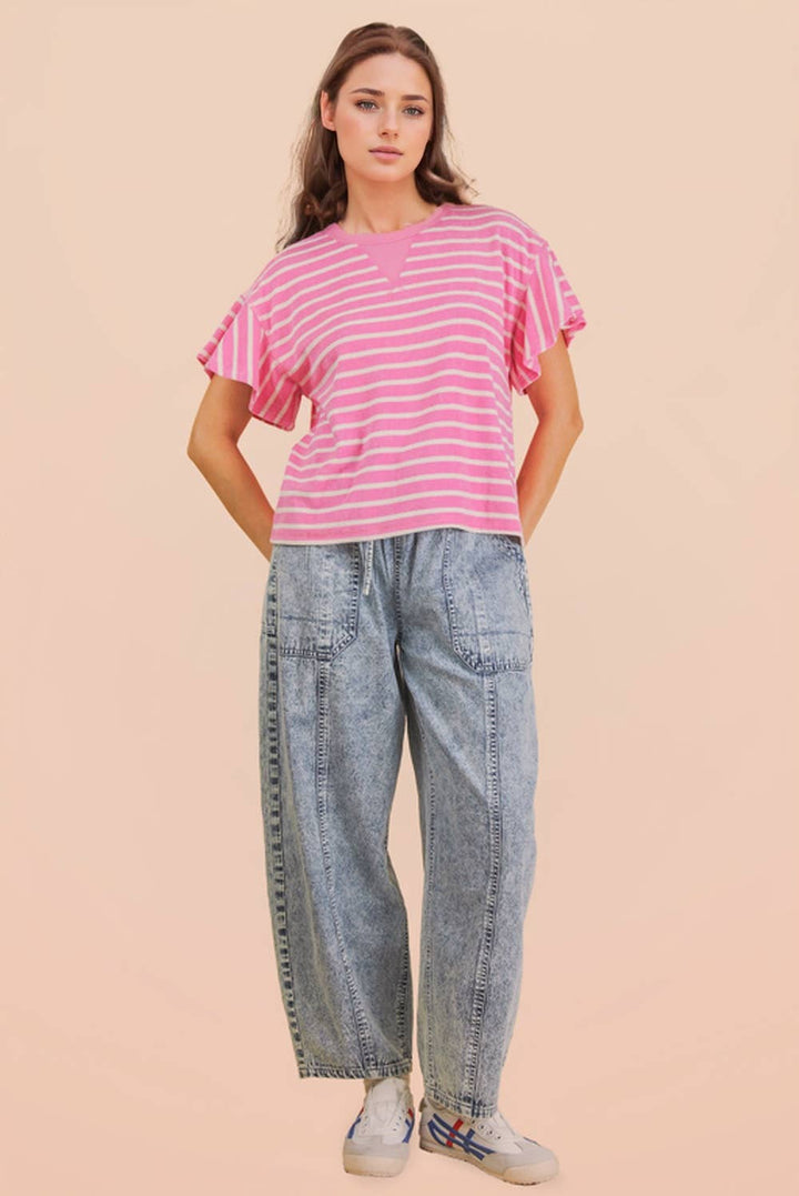 Oversized Ruffle Sleeve Casual Stripe Knit Top