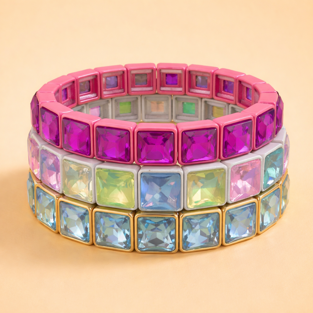 Accessories, Bracelets - Enamel Stretch Bracelet - Square Gems - Libby - Asst Colors - - Cultured Cloths Apparel