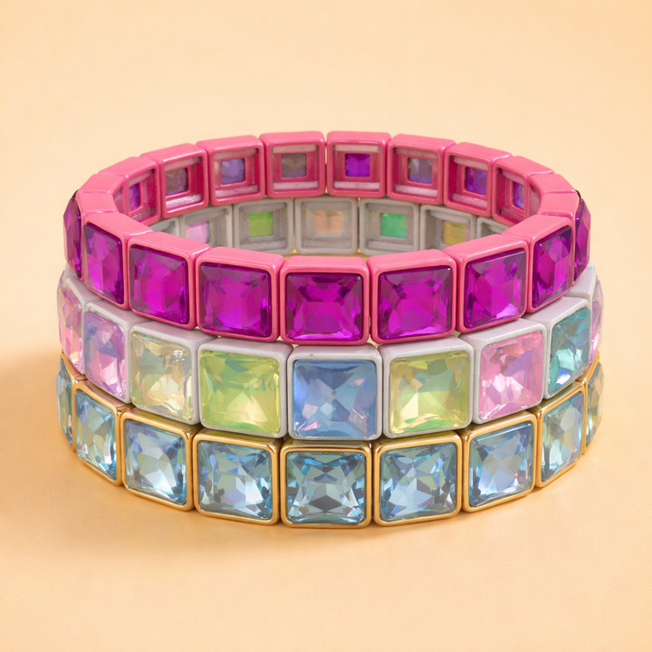 Accessories, Bracelets - Enamel Stretch Bracelet - Square Gems - Libby - Asst Colors - - Cultured Cloths Apparel