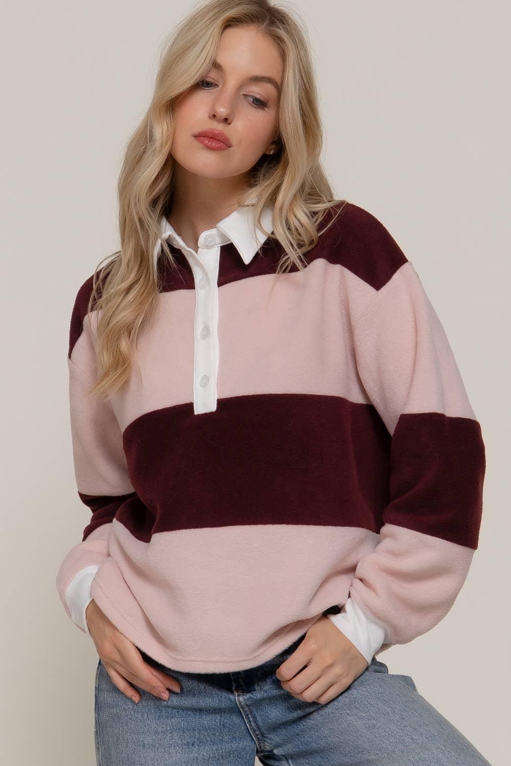 Women's Long Sleeve - Long Sleeve Rugby Stripe Fleece Polo Top - pink/burgundy - Cultured Cloths Apparel