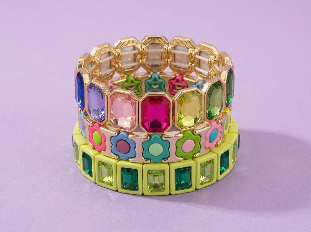 Accessories, Bracelets - Enamel Stretch Bracelet - Octagon Rainbow Stones - Simone - - Cultured Cloths Apparel