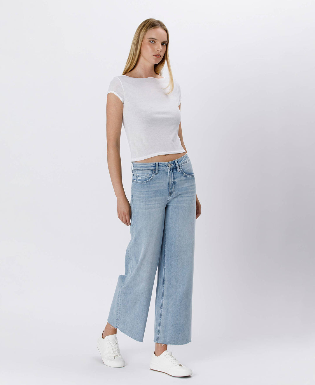 Denim - HIGH RISE LIGHT WASH RAW HEM WIDE LEG JEANS - - Cultured Cloths Apparel
