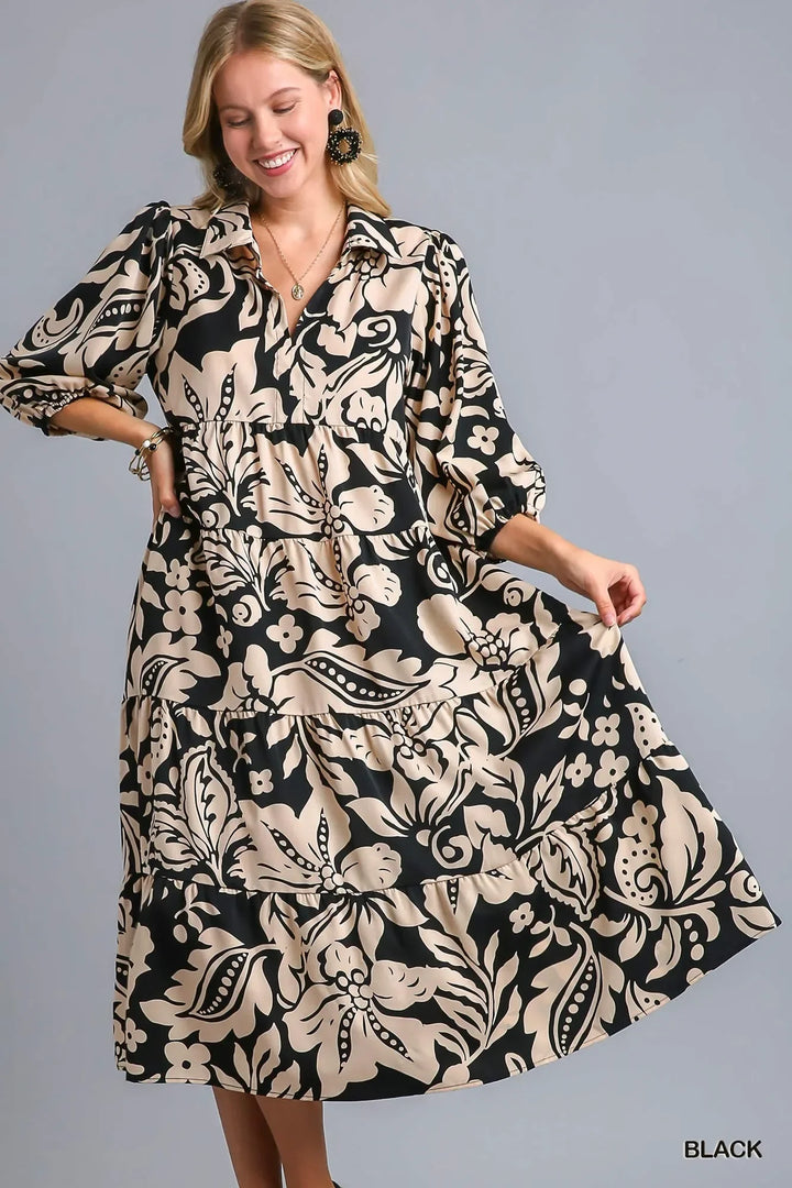Women's Dresses - Umgee Floral Print Tiered Midi Dress - Black - Cultured Cloths Apparel