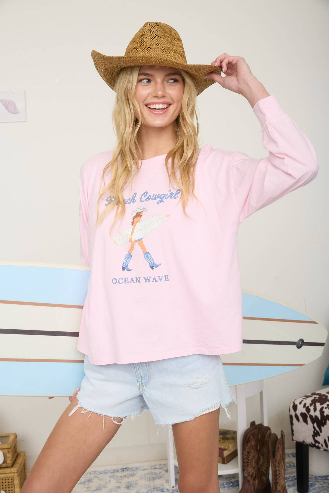 Graphic T-Shirts - BEACH COWGIRL LONG SLEEVE KNIT TOP - - Cultured Cloths Apparel