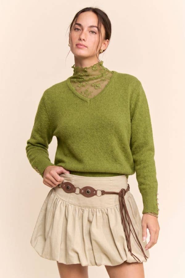 Lace High-Neck Layered V-Neck Sweater