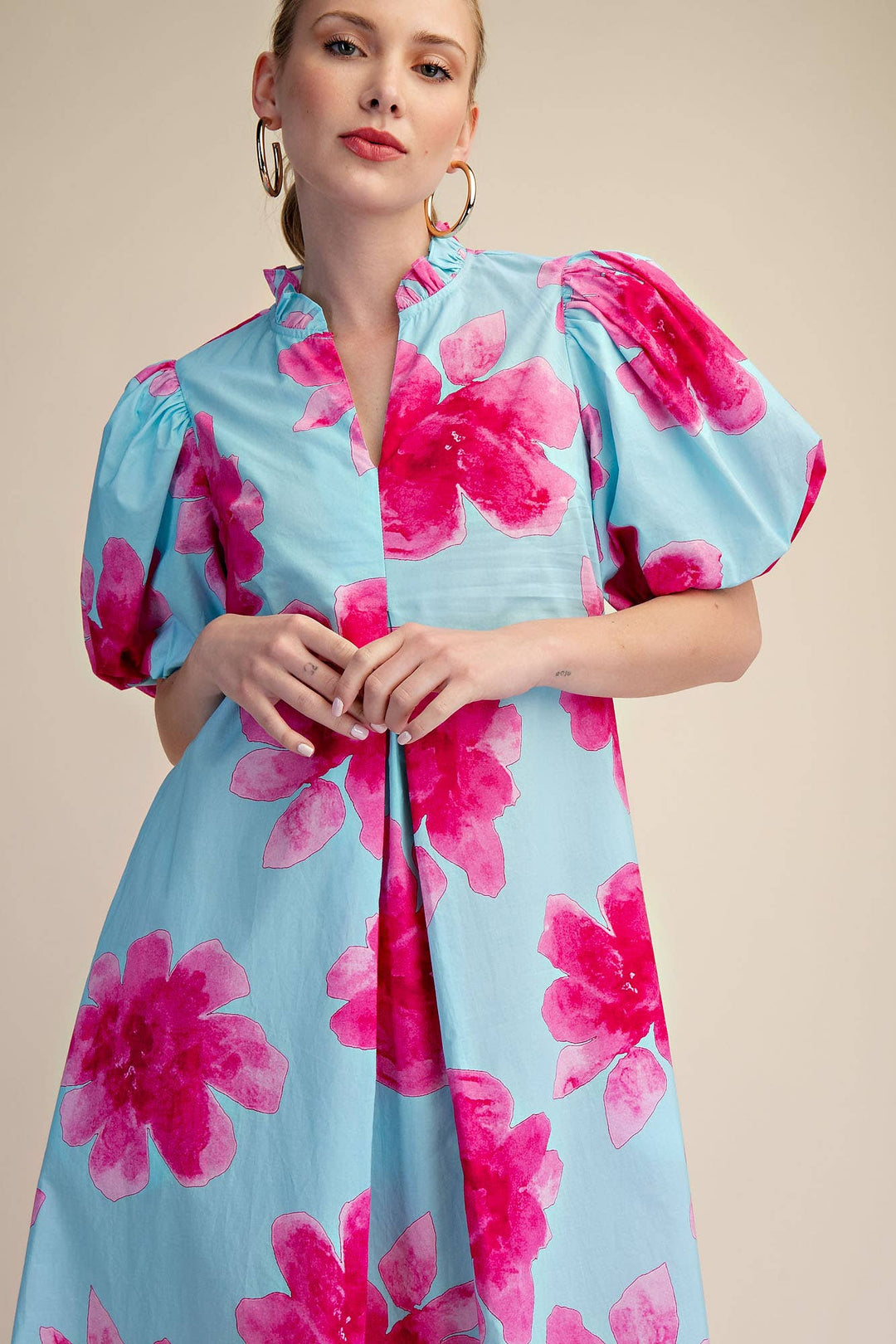 Lime Ruffle V-Neck Puff Sleeve Waist Pleated Midi Dress