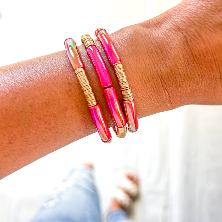 Accessories, Bracelets - Metallic # 6 Pink Red Yellow Acrylic Tube Bamboo Bracelet - - Cultured Cloths Apparel