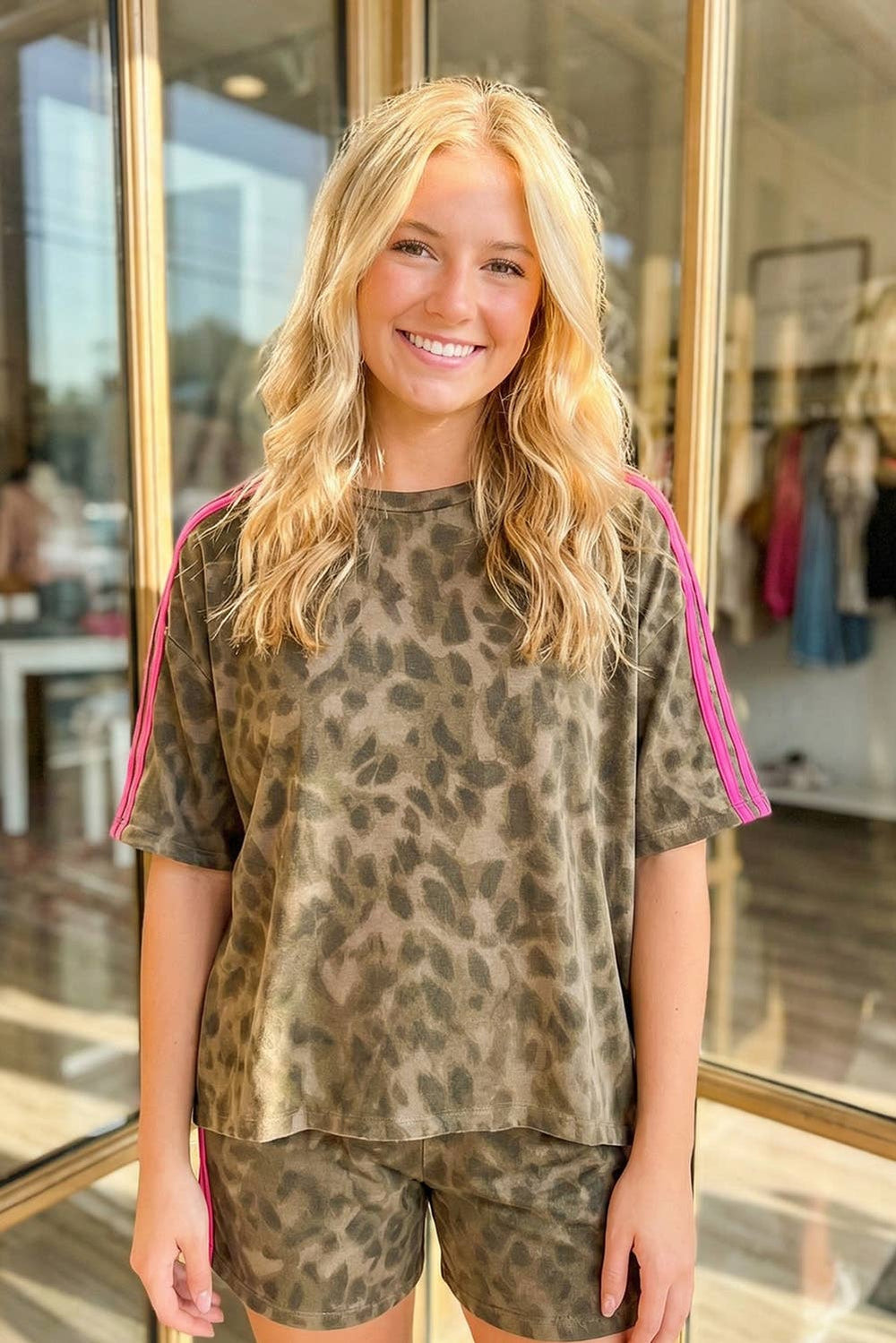 Athleisure - LAS Contrast Striped Accent Leopard Short Set (S-XL) - - Cultured Cloths Apparel