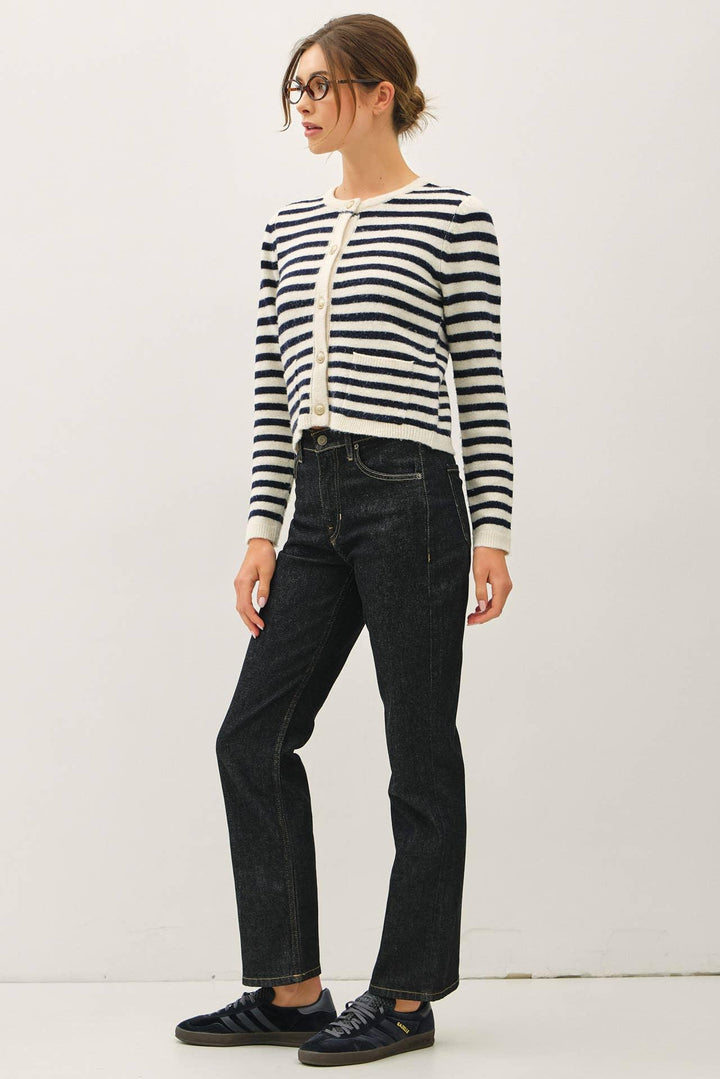 STRIPED WOOL BLEND BUTTON UP CARDIGAN