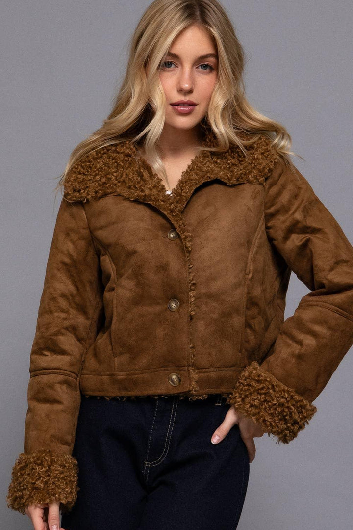 Outerwear - Long Sleeve Inside Fur Detail Penny Lane Suede Short Jacket - - Cultured Cloths Apparel