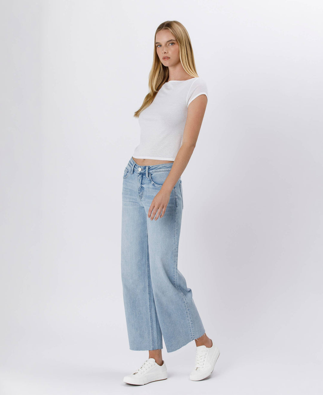 Denim - HIGH RISE LIGHT WASH RAW HEM WIDE LEG JEANS - - Cultured Cloths Apparel