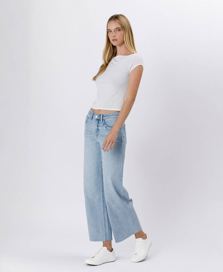 Denim - HIGH RISE LIGHT WASH RAW HEM WIDE LEG JEANS - - Cultured Cloths Apparel
