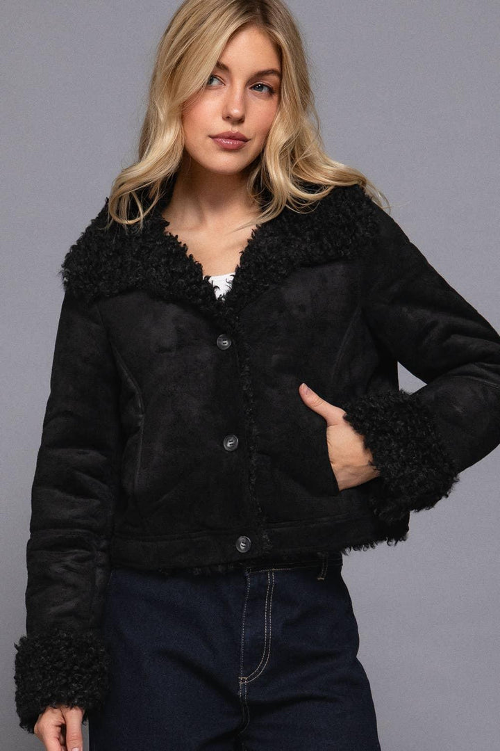 Outerwear - Long Sleeve Inside Fur Detail Penny Lane Suede Short Jacket - - Cultured Cloths Apparel