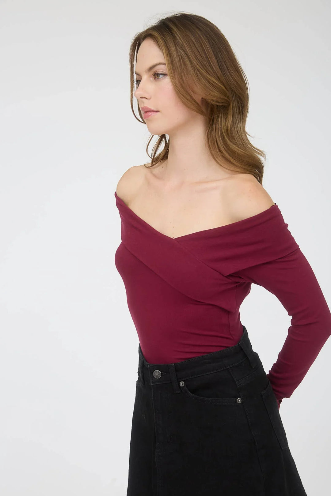 Women's Long Sleeve - OFF SHOULDER WRAP DETAIL LONG SLEEVE KNIT TOP - - Cultured Cloths Apparel