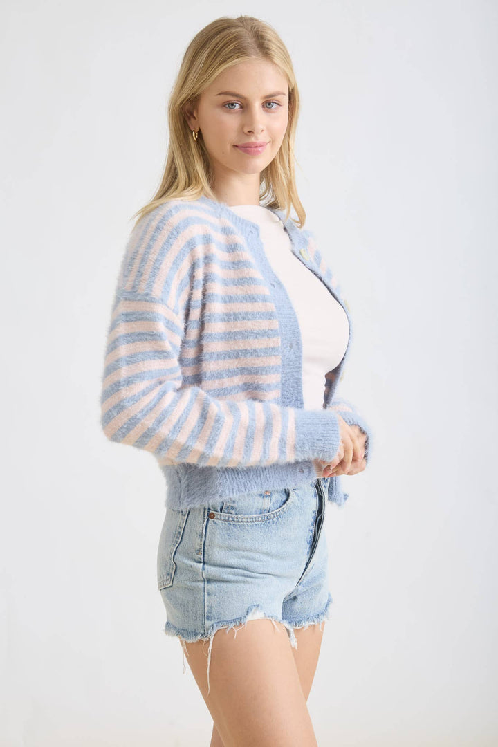 STRIPE ROUND NECK BUTTON DOWN FUZZY KNIT CARDIGAN