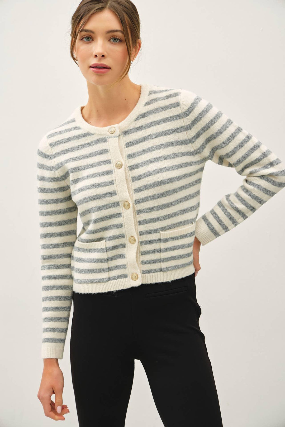 STRIPED WOOL BLEND BUTTON UP CARDIGAN