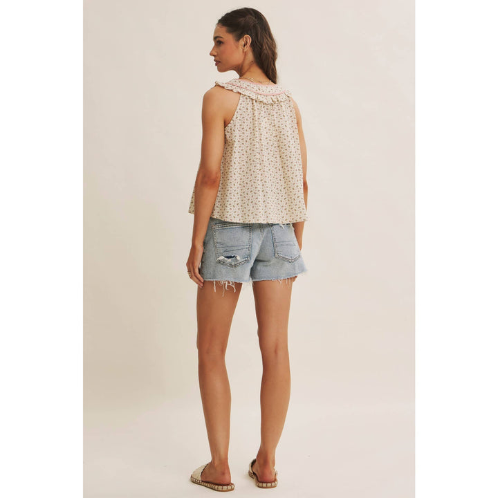 Women's Sleeveless - ANTIQUE MEADOW CONTRAST BINDING FLORAL RUFFLED BLOUSE TOP - - Cultured Cloths Apparel