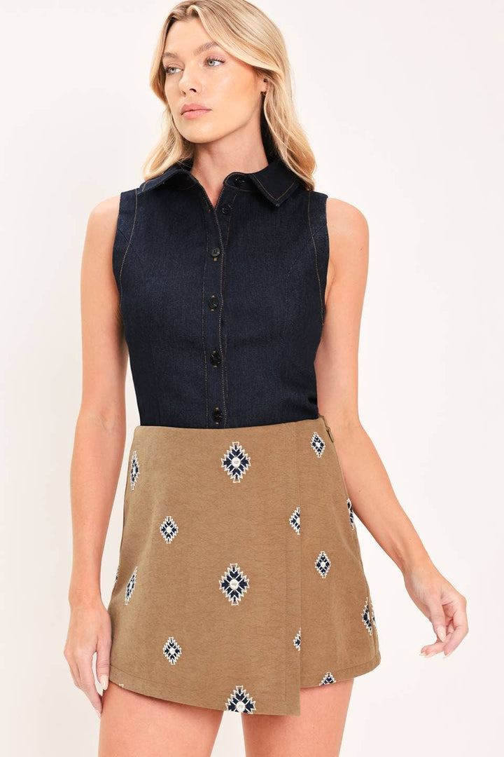 embroidered faux suede skort